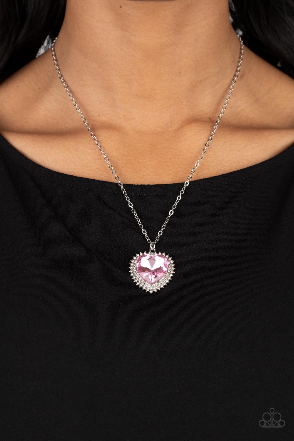 Sweethearts Stroll Pink Rhinestone Heart Necklace - Paparazzi Accessories- lightbox - CarasShop.com - Paparazzi Jewelry by Cara Jewels
