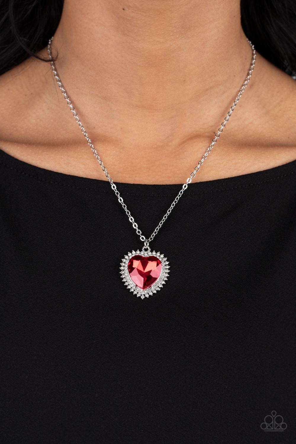 Sweethearts Stroll Red Rhinestone Heart Necklace - Paparazzi Accessories- lightbox - CarasShop.com - Paparazzi Jewelry by Cara Jewels