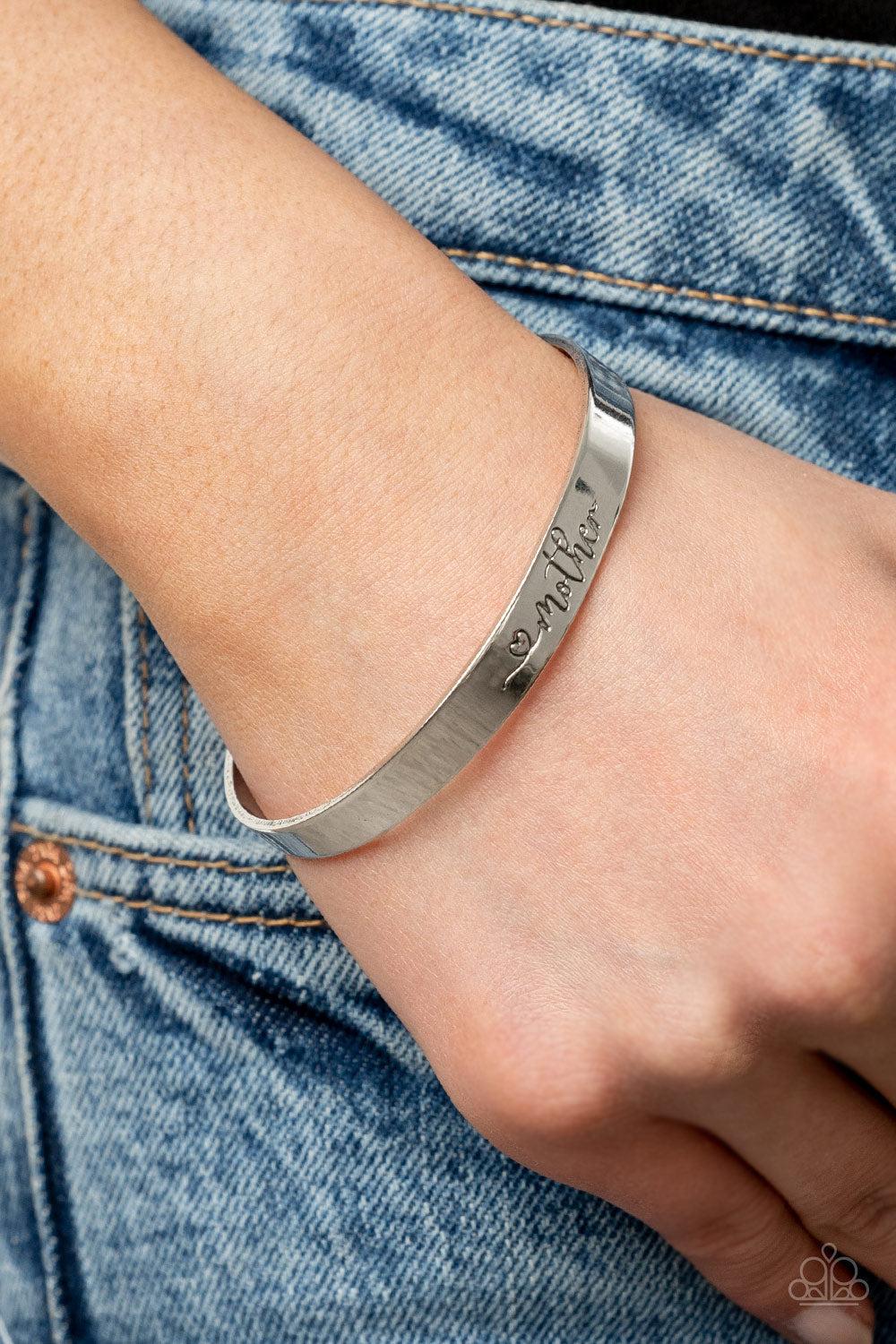 Sweetly Named Silver "Mother" Cuff Bracelet - Paparazzi Accessories- on model - CarasShop.com - Paparazzi Jewelry by Cara Jewels