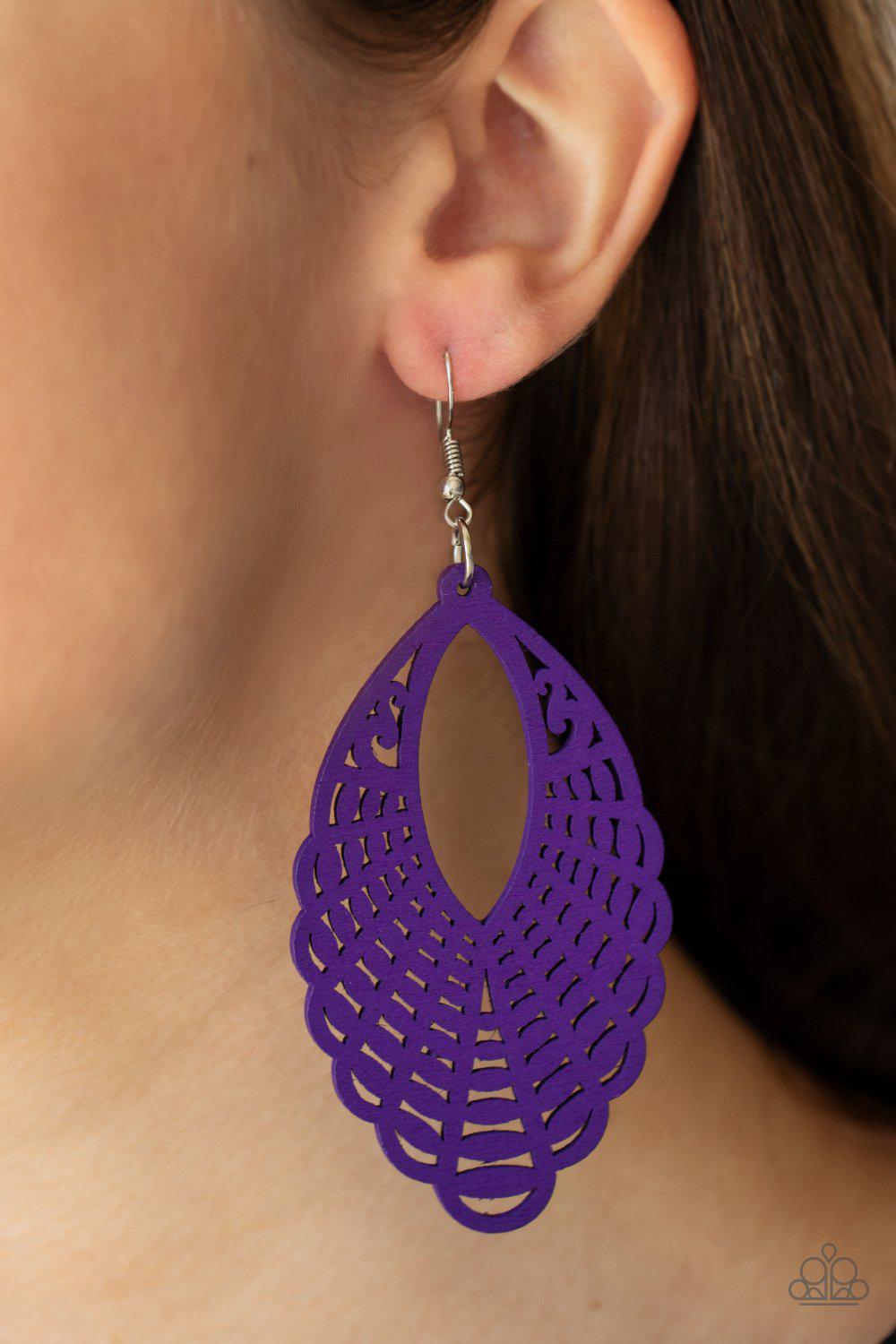 Tahiti Tankini Purple Wood Earrings - Paparazzi Accessories- on model - CarasShop.com - Paparazzi Jewelry by Cara Jewels