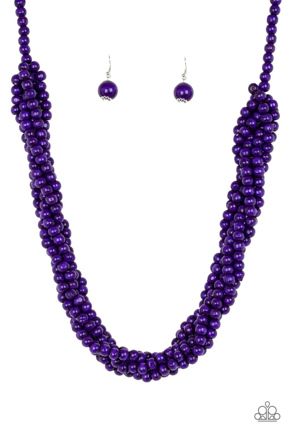 Tahiti Tropic Purple Wood Necklace and matching Earrings - Paparazzi Accessories - free matching earrings -CarasShop.com - Paparazzi Jewelry by Cara Jewels