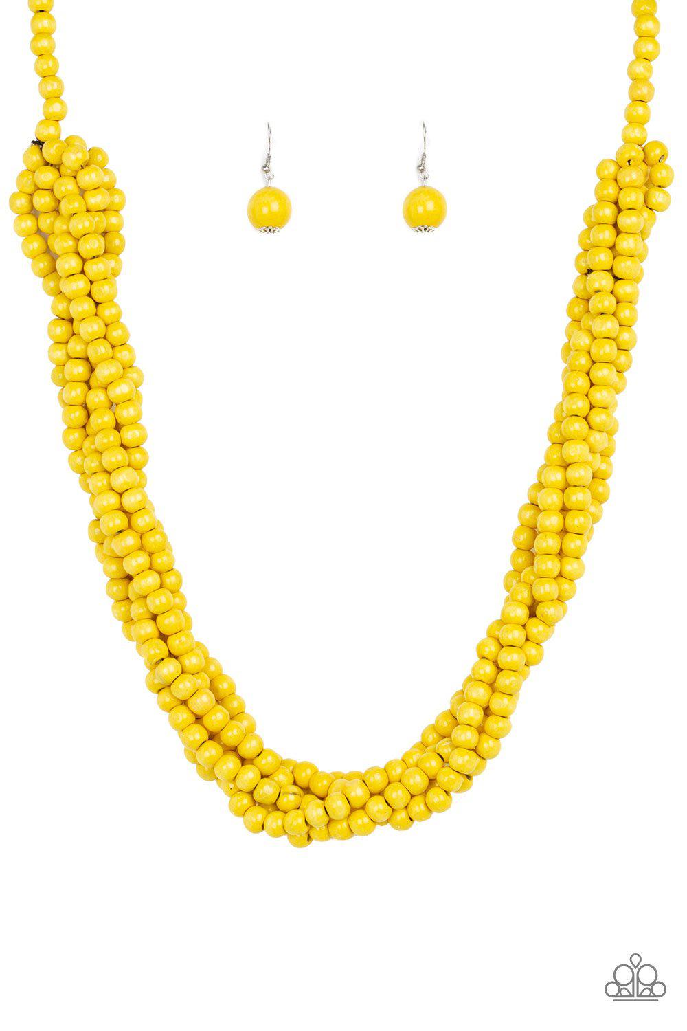 Tahiti Tropic Yellow Wood Necklace and matching Earrings - Paparazzi Accessories - free matching earrings -CarasShop.com - Paparazzi Jewelry by Cara Jewels
