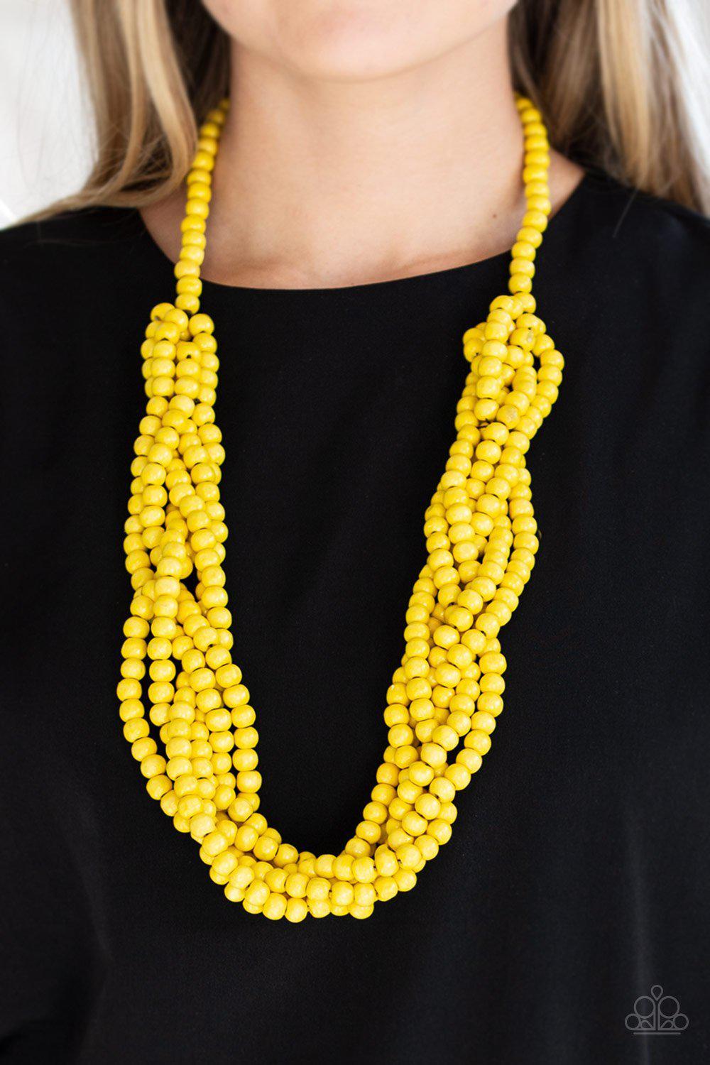 Tahiti Tropic Yellow Wood Necklace and matching Earrings - Paparazzi Accessories- lightbox - CarasShop.com - Paparazzi Jewelry by Cara Jewels