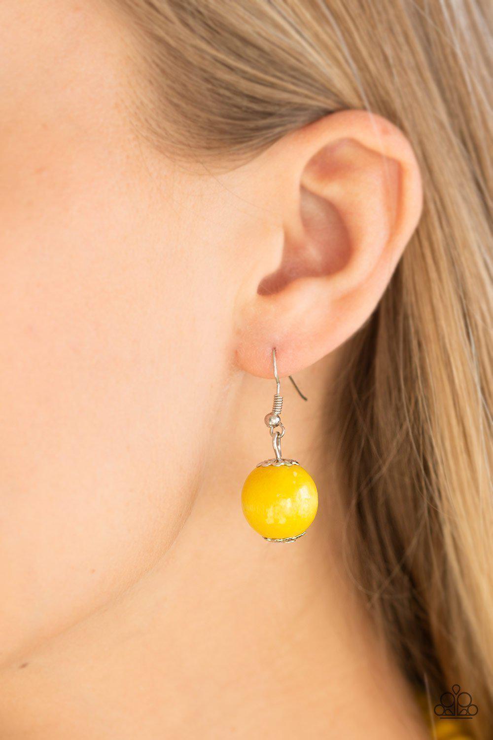 Tahiti Tropic Yellow Wood Necklace and matching Earrings - Paparazzi Accessories- on model - CarasShop.com - Paparazzi Jewelry by Cara Jewels