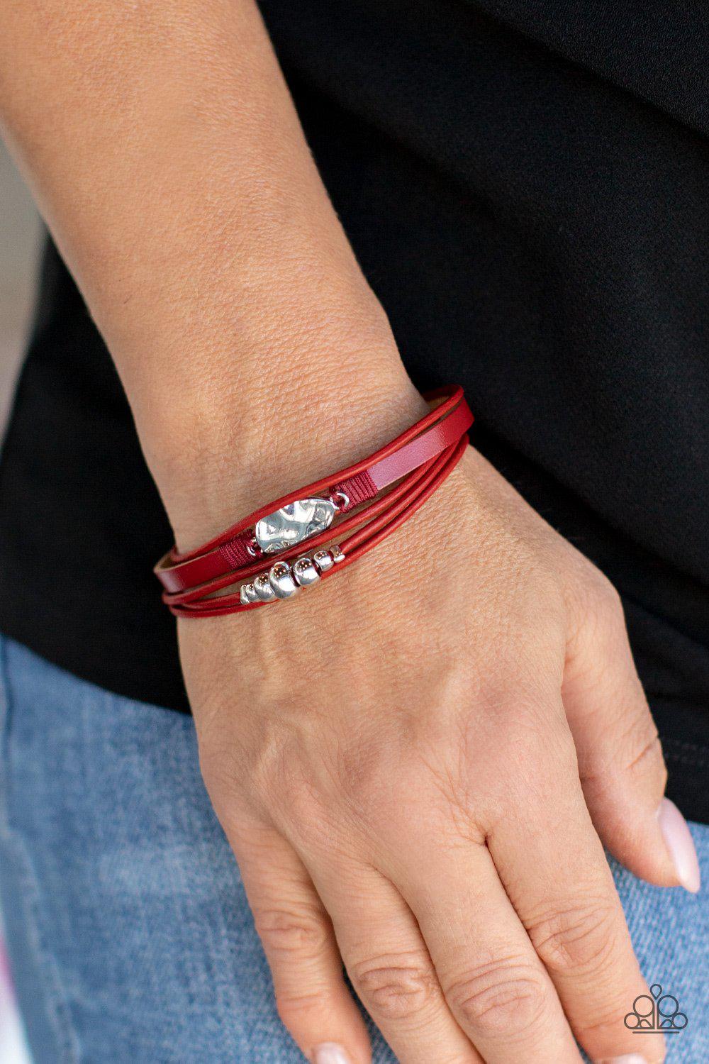 Tahoe Tourist Red Leather and Silver Magnetic Bracelet - Paparazzi Accessories- lightbox - CarasShop.com - Paparazzi Jewelry by Cara Jewels