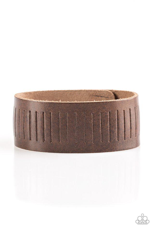 Take A Drive Men's Brown Leather Snap Bracelet - Paparazzi Accessories- lightbox - CarasShop.com - Paparazzi Jewelry by Cara Jewels
