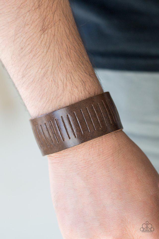 Take A Drive Men's Brown Leather Snap Bracelet - Paparazzi Accessories- lightbox - CarasShop.com - Paparazzi Jewelry by Cara Jewels