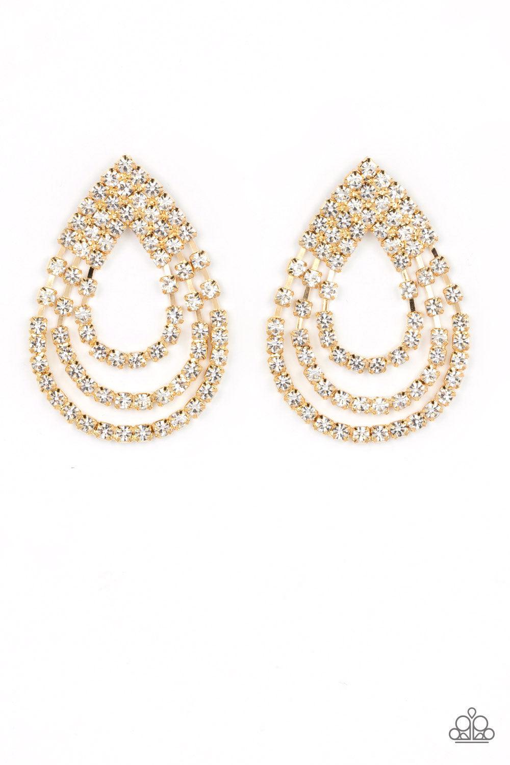 Take a POWER Stance Gold & White Rhinestone Earrings - Paparazzi Accessories- lightbox - CarasShop.com - Paparazzi Jewelry by Cara Jewels