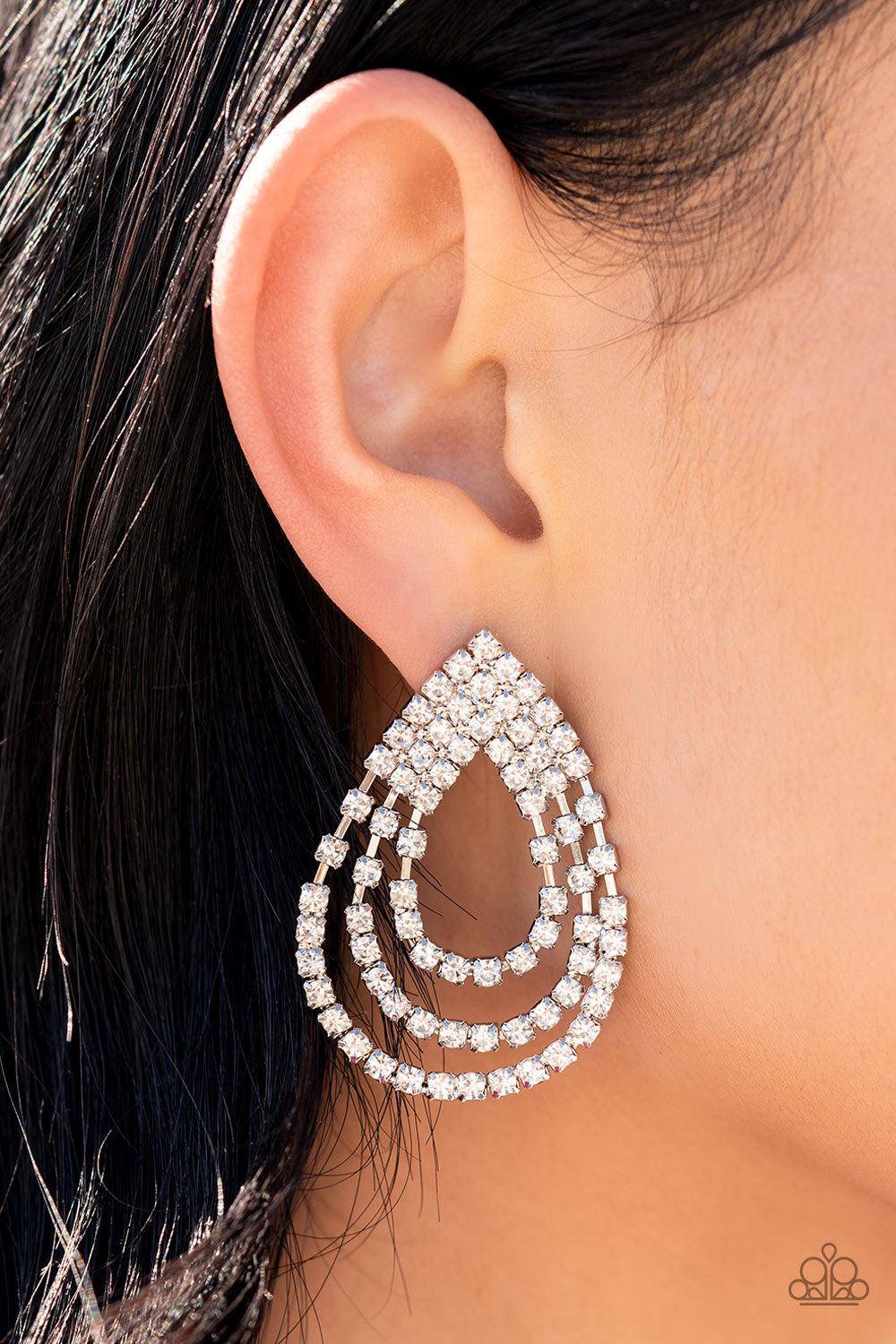 Take a POWER Stance White Rhinestone Earrings - Paparazzi Accessories- on model - CarasShop.com - Paparazzi Jewelry by Cara Jewels