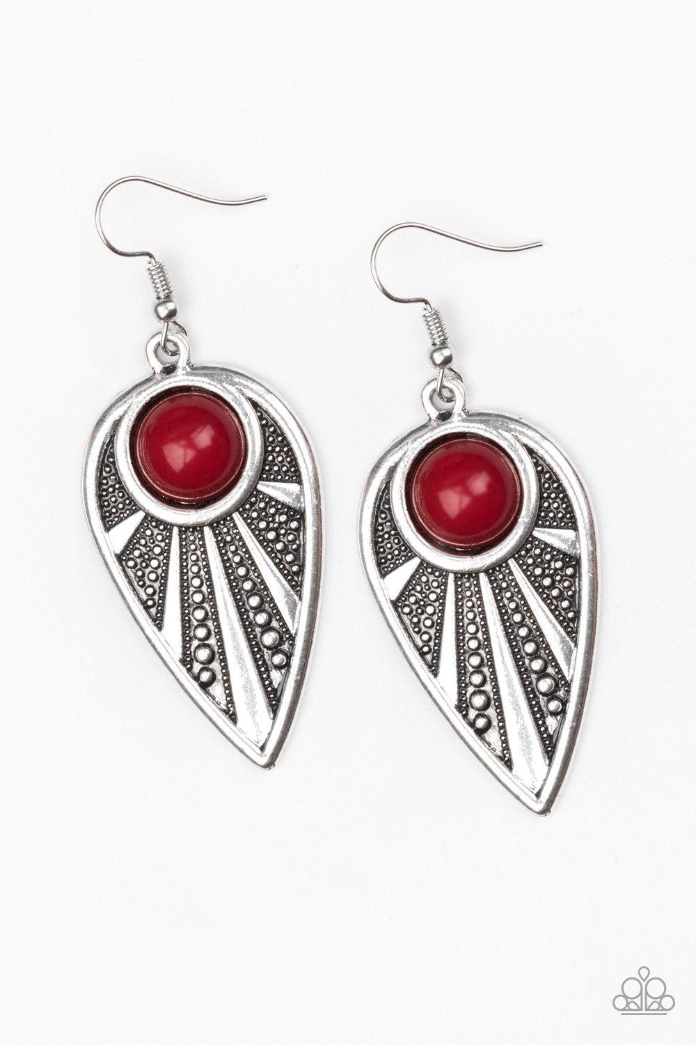 Take A WALKABOUT Red and Silver Earrings - Paparazzi Accessories- on model - CarasShop.com - Paparazzi Jewelry by Cara Jewels