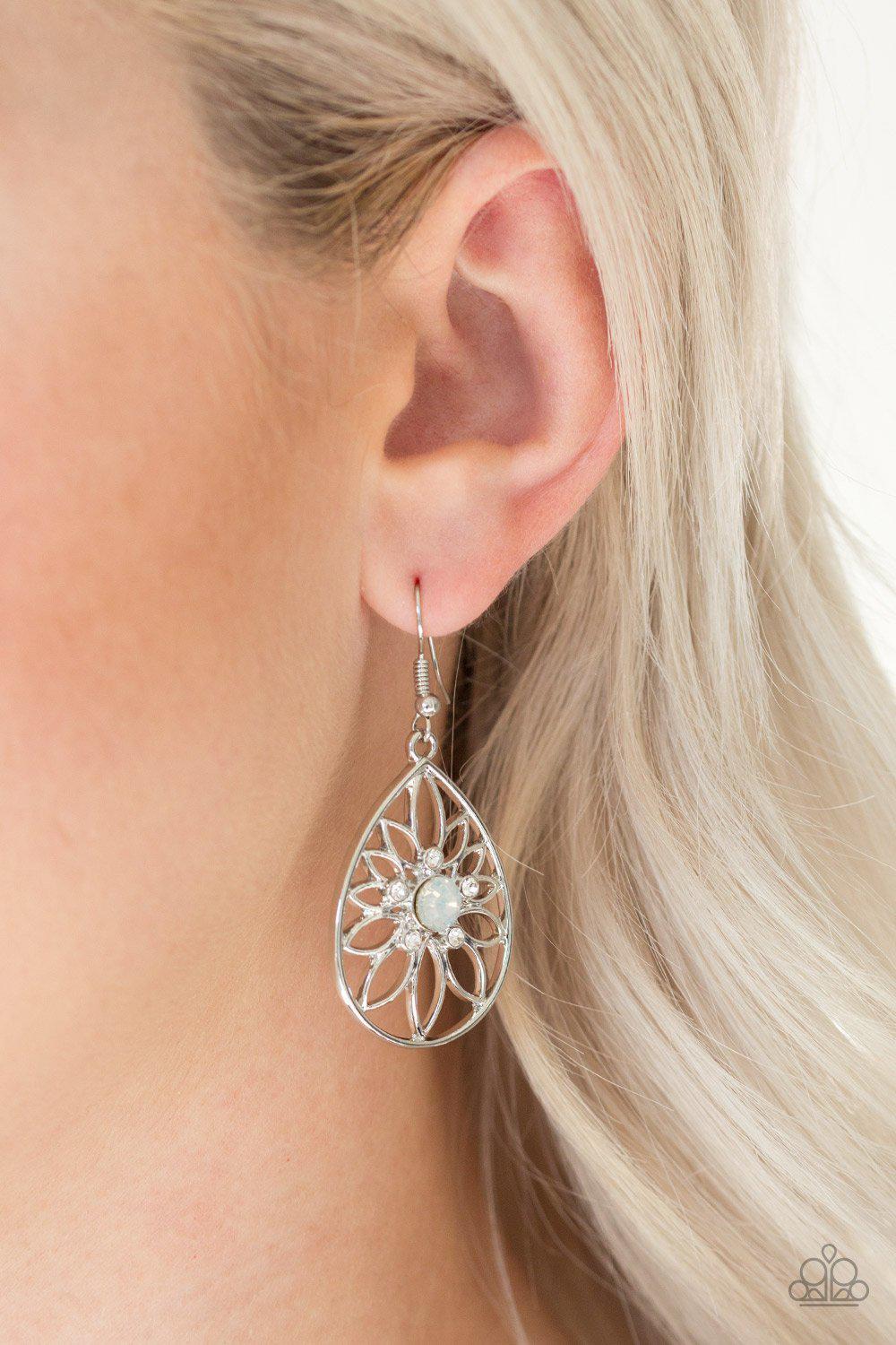 Take It Glow White Flower Teardrop Earrings - Paparazzi Accessories- lightbox - CarasShop.com - Paparazzi Jewelry by Cara Jewels
