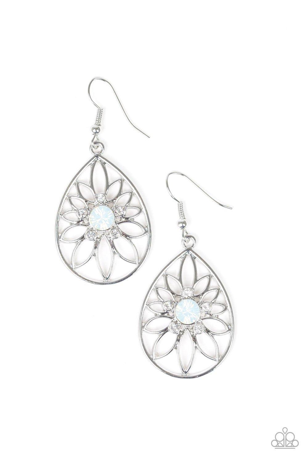 Take It Glow White Flower Teardrop Earrings - Paparazzi Accessories- on model - CarasShop.com - Paparazzi Jewelry by Cara Jewels