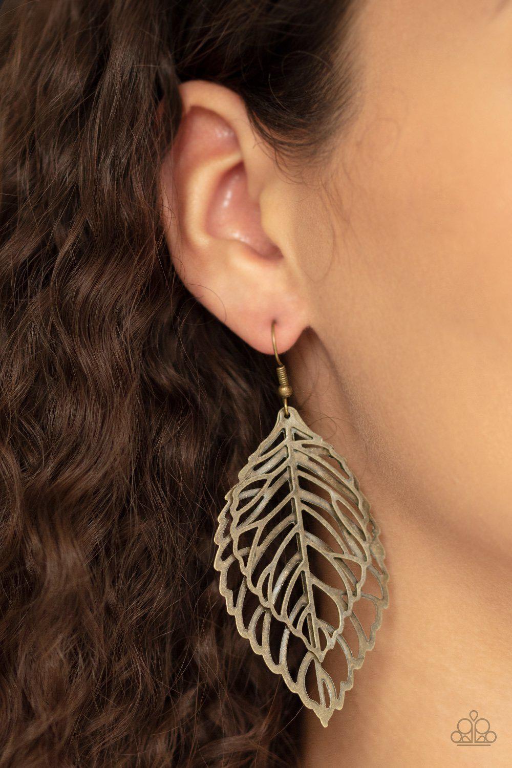 Take It or LEAF It Brass Leaf Earrings - Paparazzi Accessories- lightbox - CarasShop.com - Paparazzi Jewelry by Cara Jewels