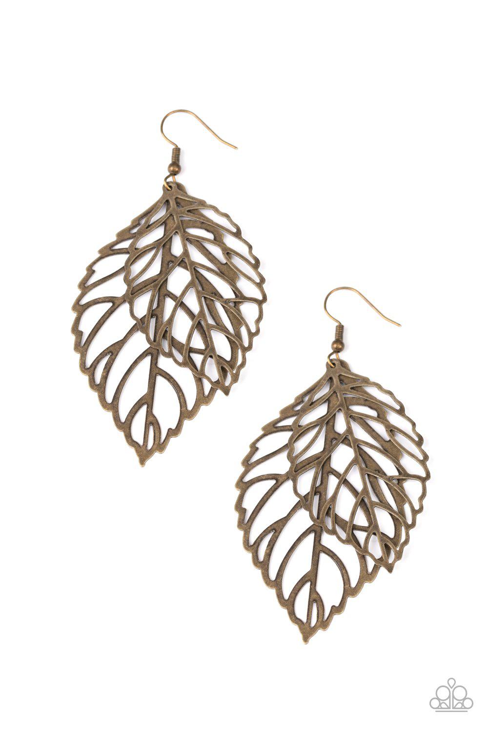 Take It or LEAF It Brass Leaf Earrings - Paparazzi Accessories- on model - CarasShop.com - Paparazzi Jewelry by Cara Jewels
