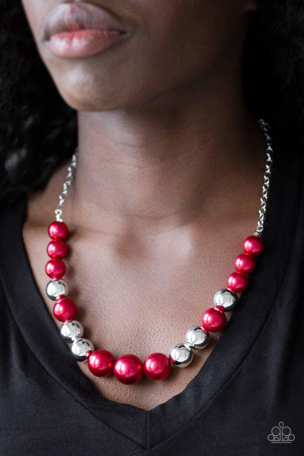 Take Note Red and Silver Necklace - Paparazzi Accessories- on model - CarasShop.com - Paparazzi Jewelry by Cara Jewels