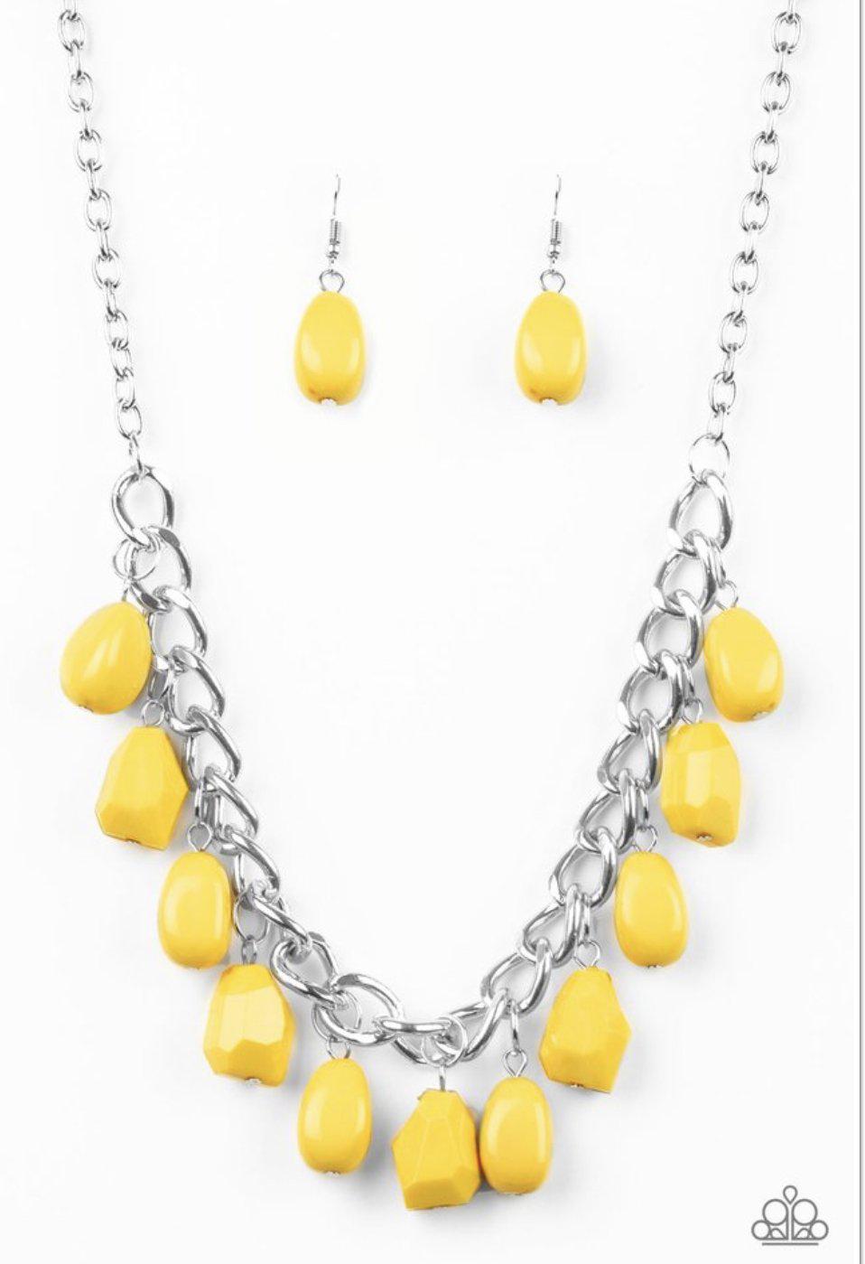 Take The COLOR Wheel Yellow Necklace - Paparazzi Accessories- on model - CarasShop.com - Paparazzi Jewelry by Cara Jewels