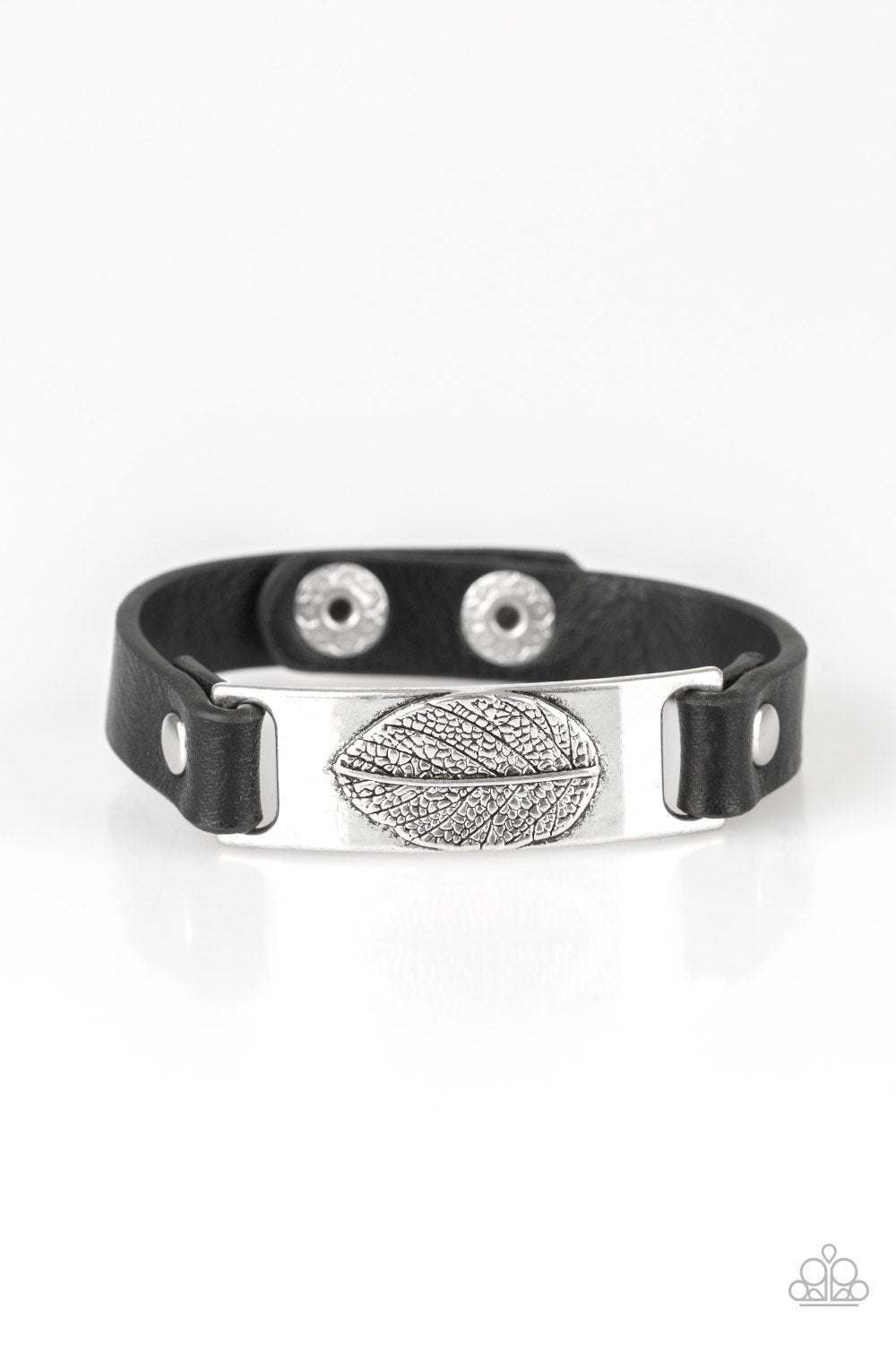 Take the LEAF Black Leather Wrap Snap Bracelet - Paparazzi Accessories- on model - CarasShop.com - Paparazzi Jewelry by Cara Jewels