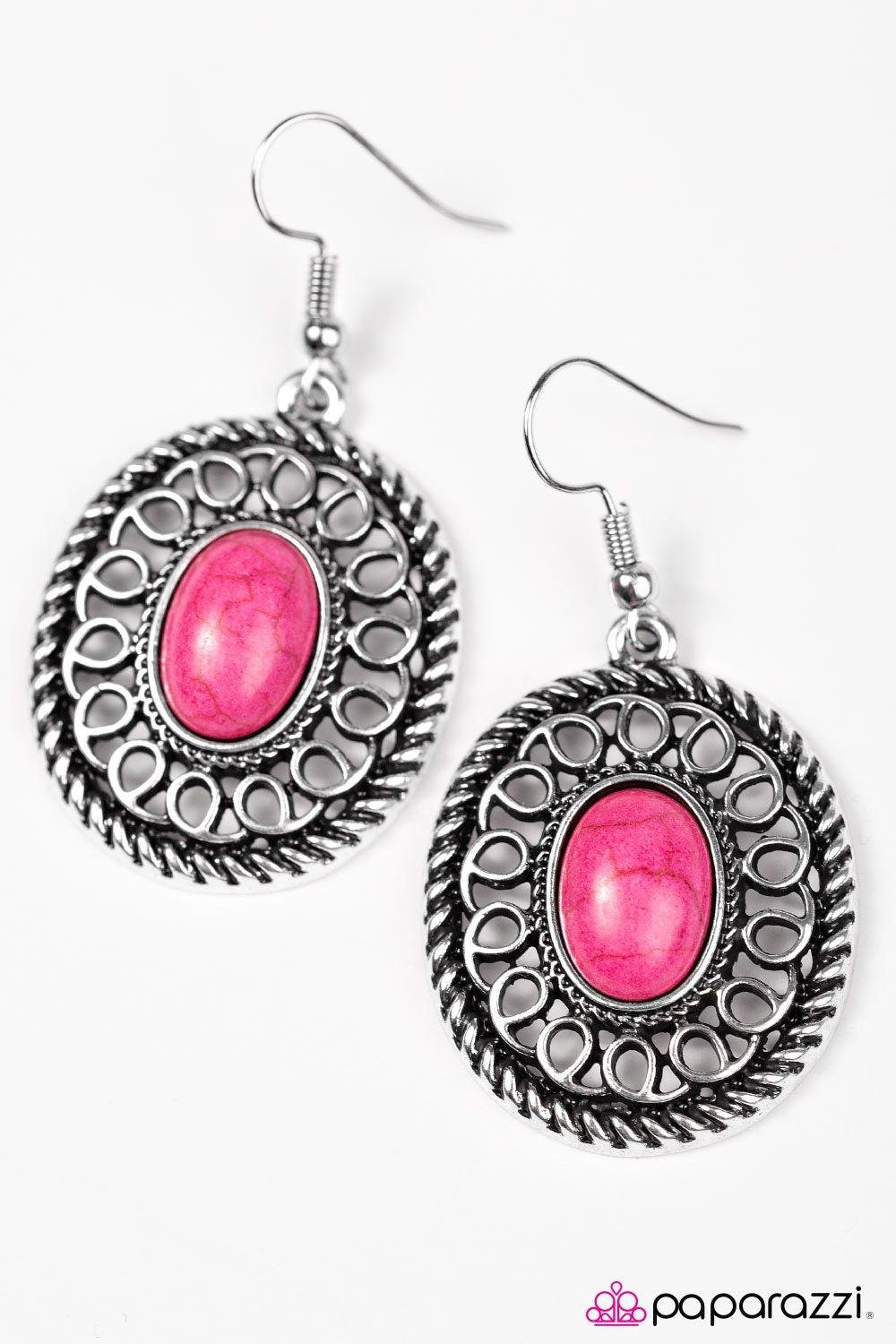 Take The Trail Less Traveled Pink Stone Earrings - Paparazzi Accessories- on model - CarasShop.com - Paparazzi Jewelry by Cara Jewels