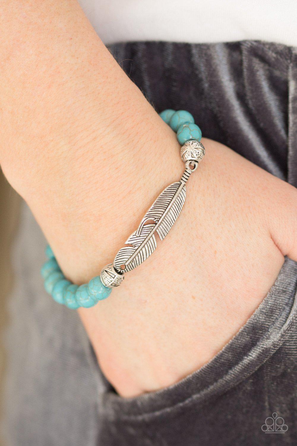 Take Wing Turquoise Blue Stone and Silver Feather Bracelet - Paparazzi Accessories- lightbox - CarasShop.com - Paparazzi Jewelry by Cara Jewels