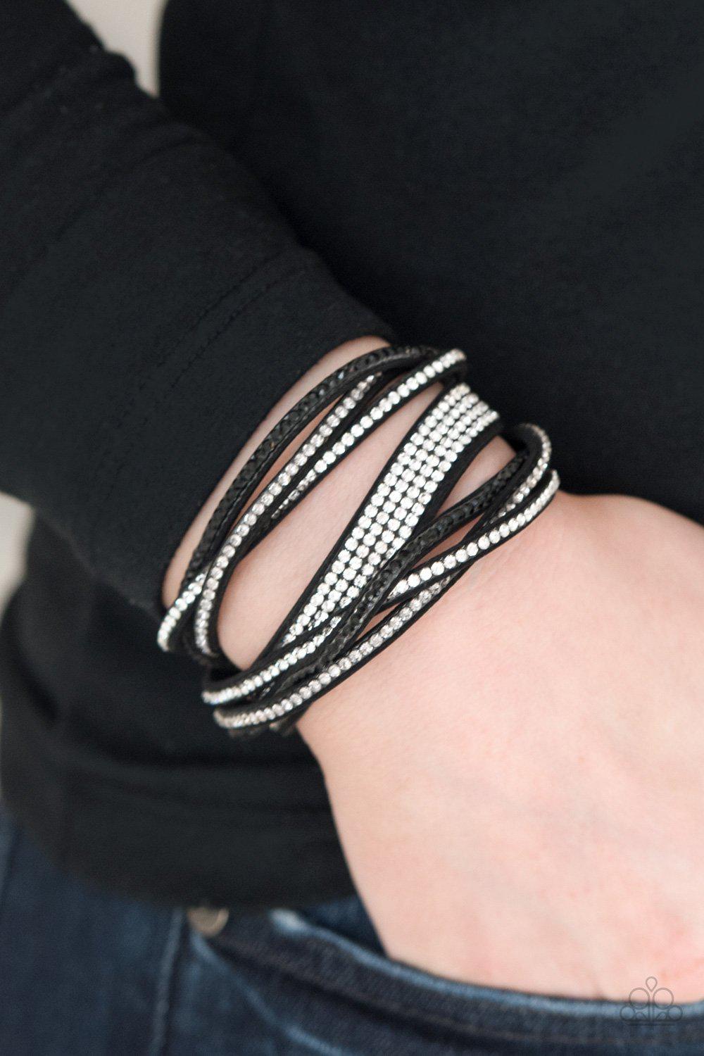 Taking Care Of Business Black and White Rhinestone Double-wrap Snap Bracelet - Paparazzi Accessories- on model - CarasShop.com - Paparazzi Jewelry by Cara Jewels