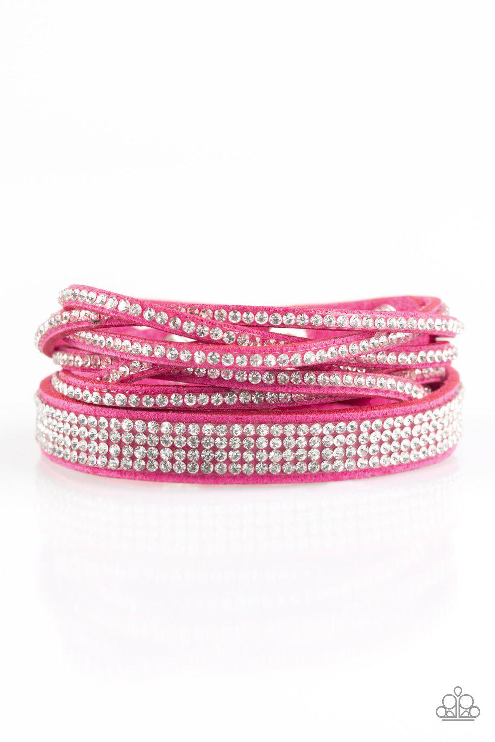 Taking Care Of Business Hot Pink and White Urban Double-wrap Snap Bracelet - Paparazzi Accessories- on model - CarasShop.com - Paparazzi Jewelry by Cara Jewels