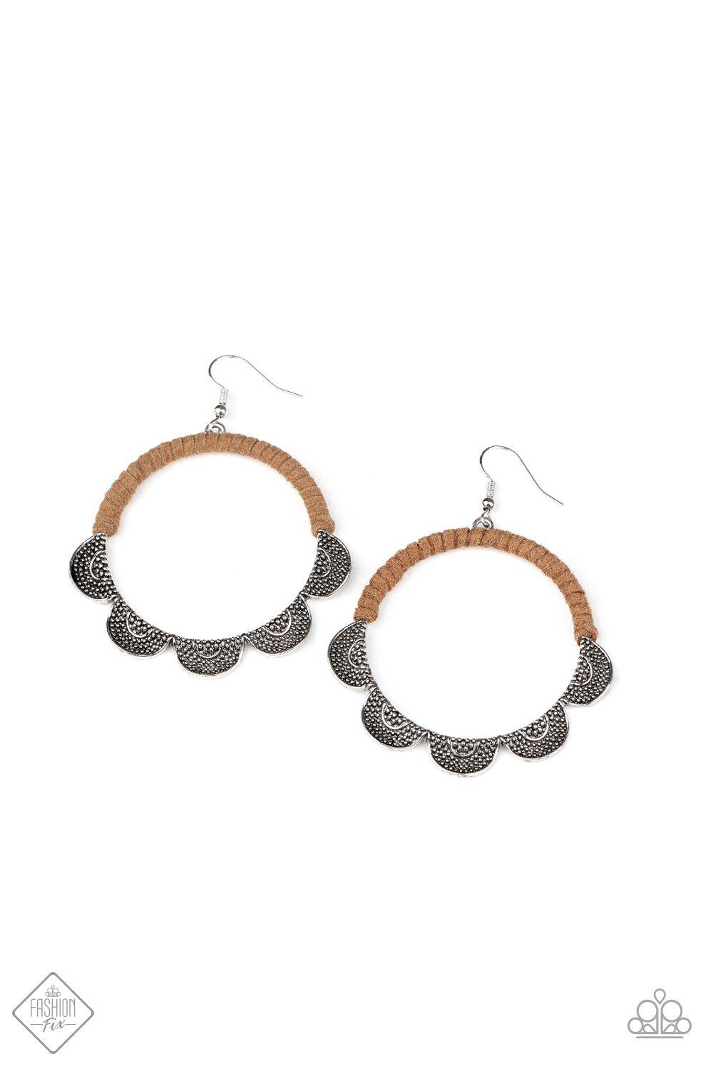 Tambourine Trend Brown Suede and Silver Earrings - Paparazzi Accessories- on model - CarasShop.com - Paparazzi Jewelry by Cara Jewels