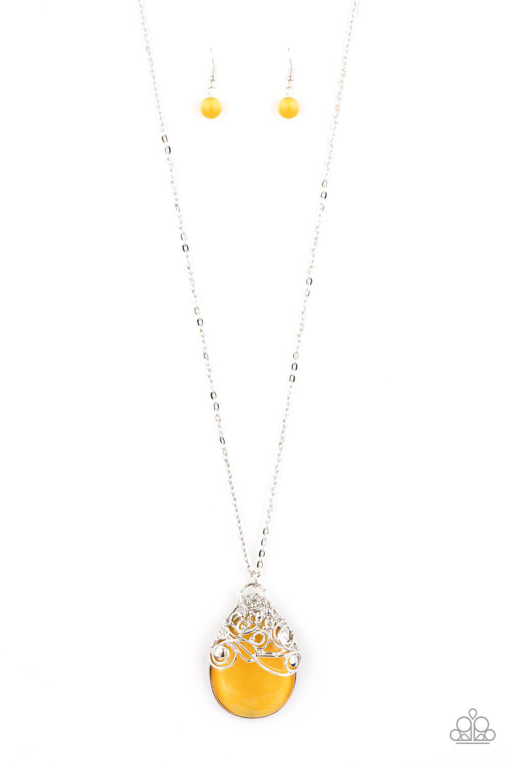 Tangled Gardens Yellow Cat's Eye Stone Necklace - Paparazzi Accessories - free matching earrings -CarasShop.com - Paparazzi Jewelry by Cara Jewels