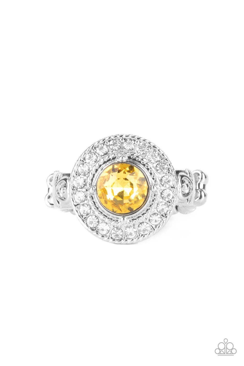 Targeted Timelessness Yellow Rhinestone Ring - Paparazzi Accessories- lightbox - CarasShop.com - Paparazzi Jewelry by Cara Jewels