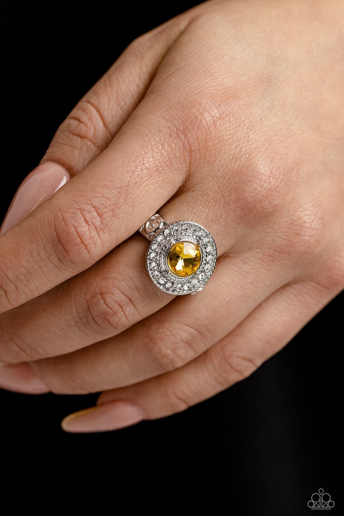 Targeted Timelessness Yellow Rhinestone Ring - Paparazzi Accessories- on model - CarasShop.com - Paparazzi Jewelry by Cara Jewels