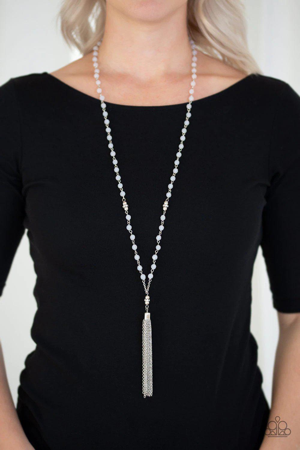 Tassel Takeover White Necklace - Paparazzi Accessories- on model - CarasShop.com - Paparazzi Jewelry by Cara Jewels