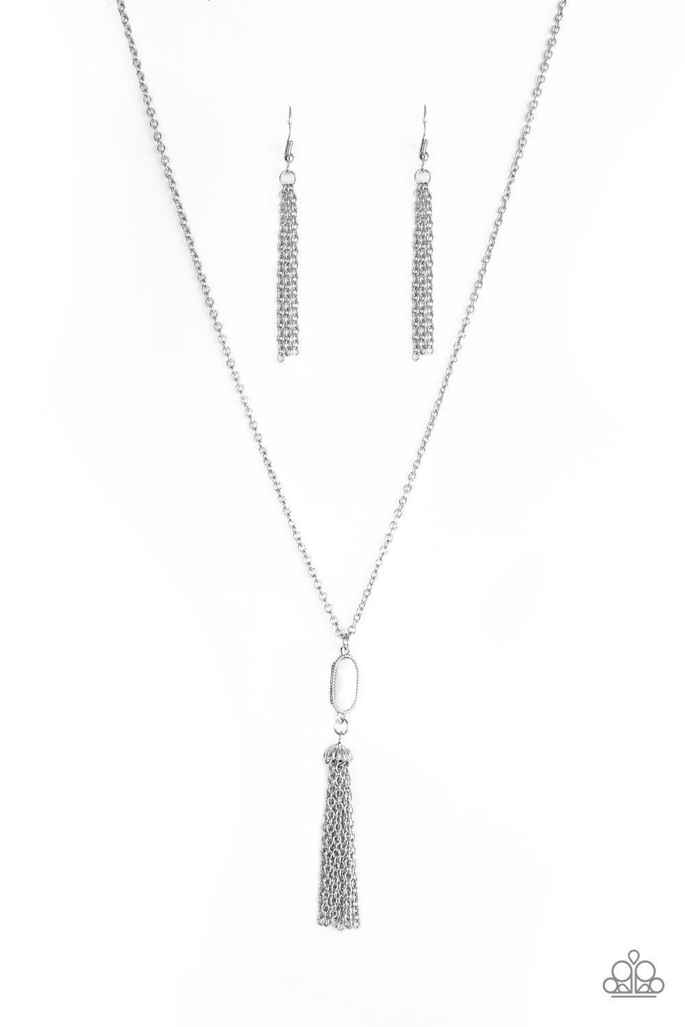 Tassel Tease White and Silver Necklace - Paparazzi Accessories- lightbox - CarasShop.com - Paparazzi Jewelry by Cara Jewels