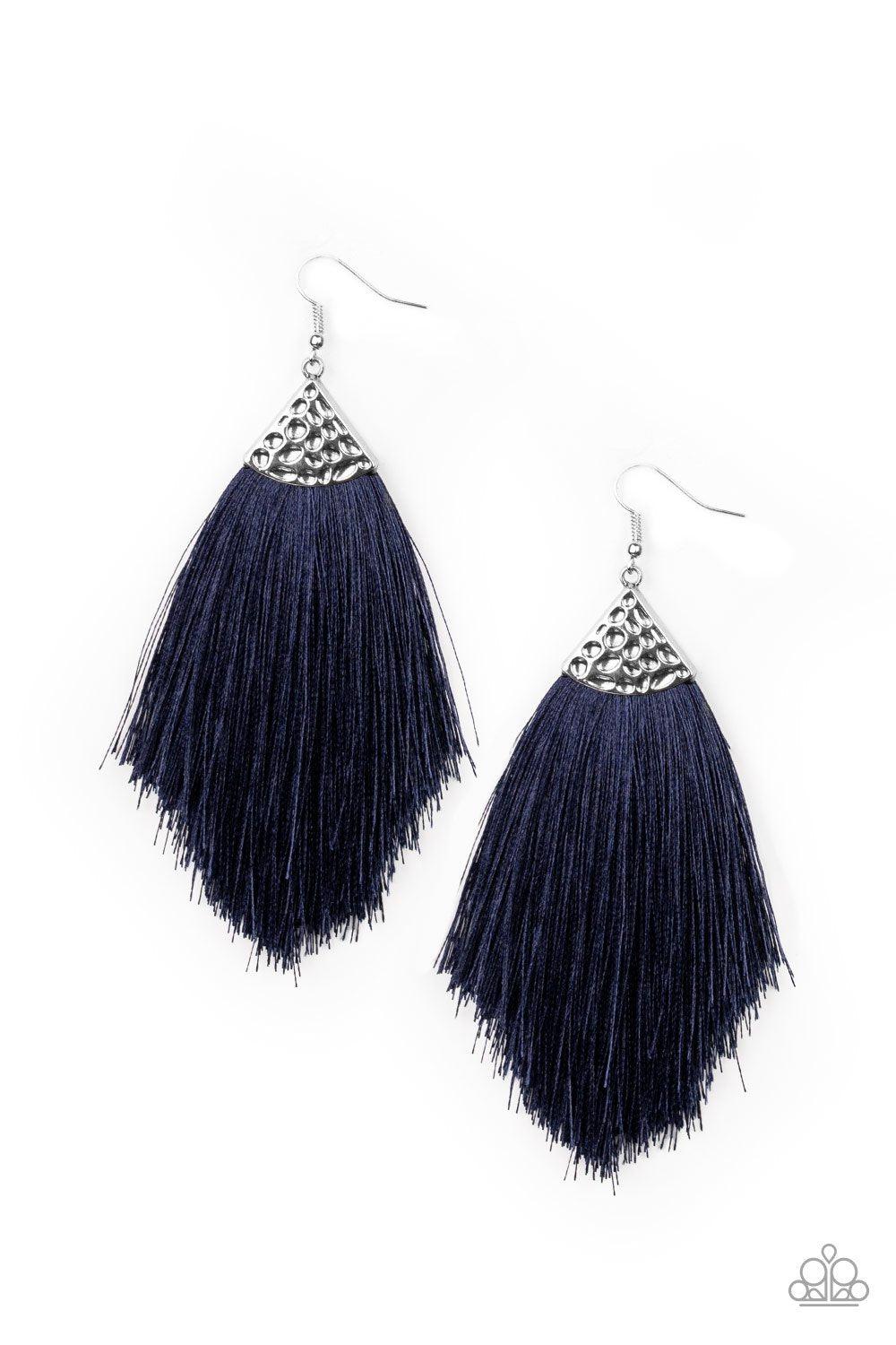 Tassel Tempo Blue and Silver Tassel Earrings - Paparazzi Accessories- on model - CarasShop.com - Paparazzi Jewelry by Cara Jewels