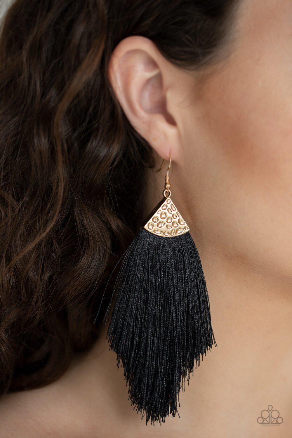 Tassel Tempo Gold and Black Tassel Earrings - Paparazzi Accessories- lightbox - CarasShop.com - Paparazzi Jewelry by Cara Jewels