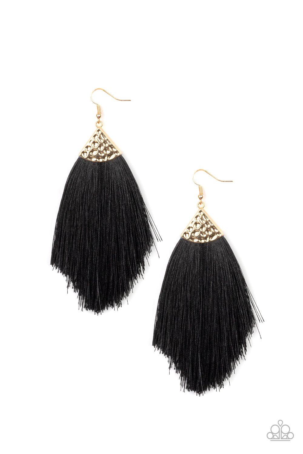 Tassel Tempo Gold and Black Tassel Earrings - Paparazzi Accessories- on model - CarasShop.com - Paparazzi Jewelry by Cara Jewels