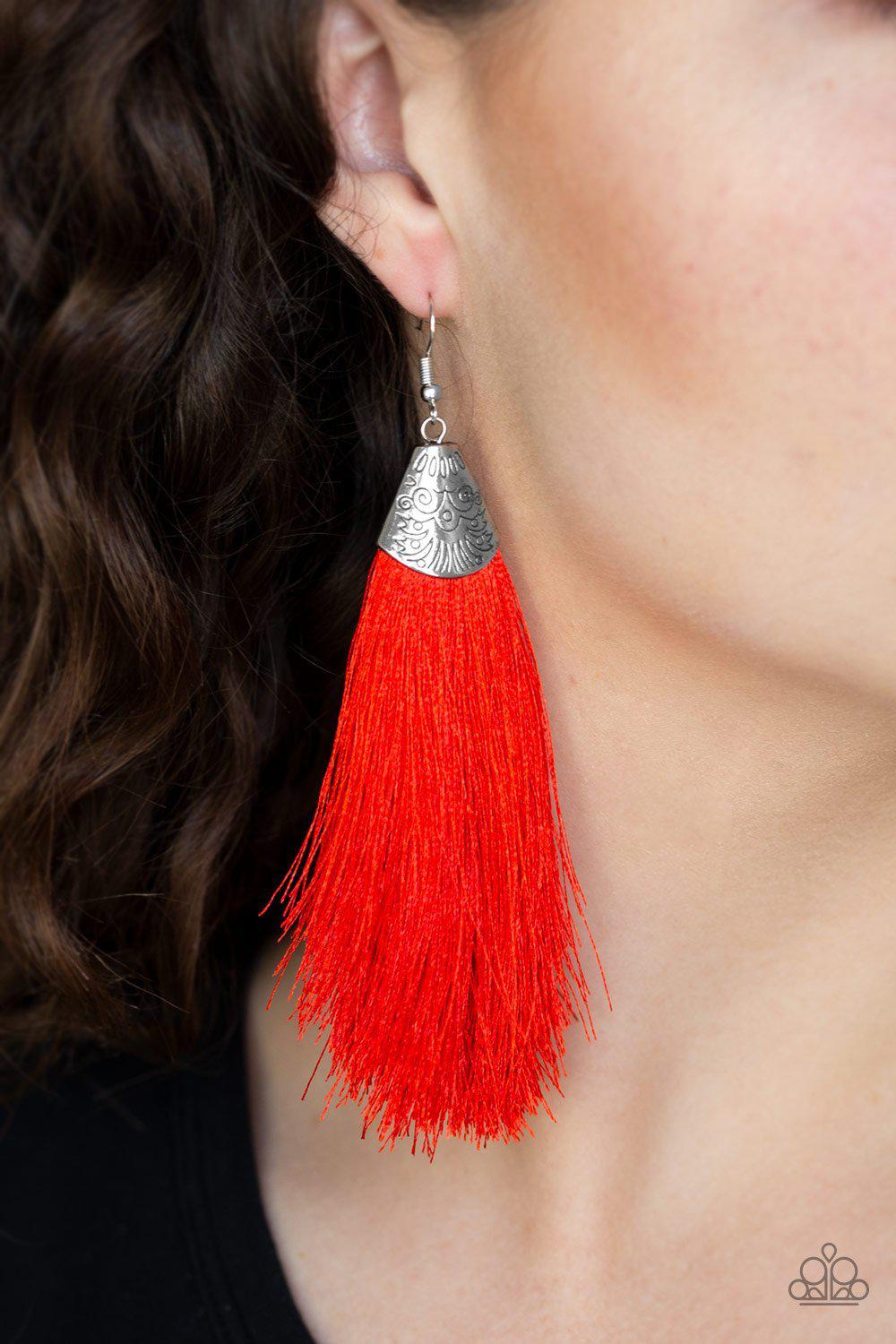 Tassel Temptress Red Earrings - Paparazzi Accessories- lightbox - CarasShop.com - Paparazzi Jewelry by Cara Jewels