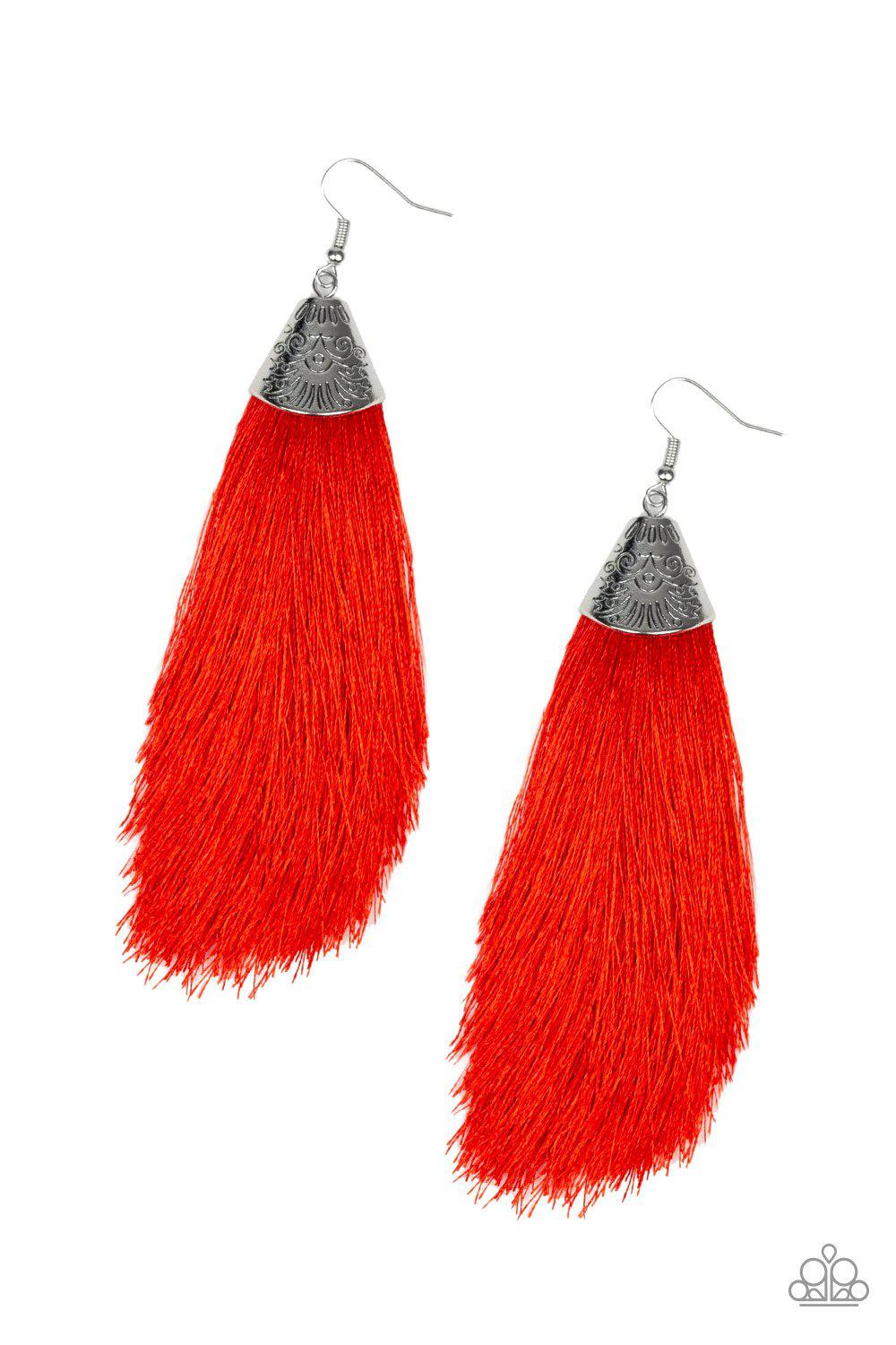 Tassel Temptress Red Earrings - Paparazzi Accessories- on model - CarasShop.com - Paparazzi Jewelry by Cara Jewels