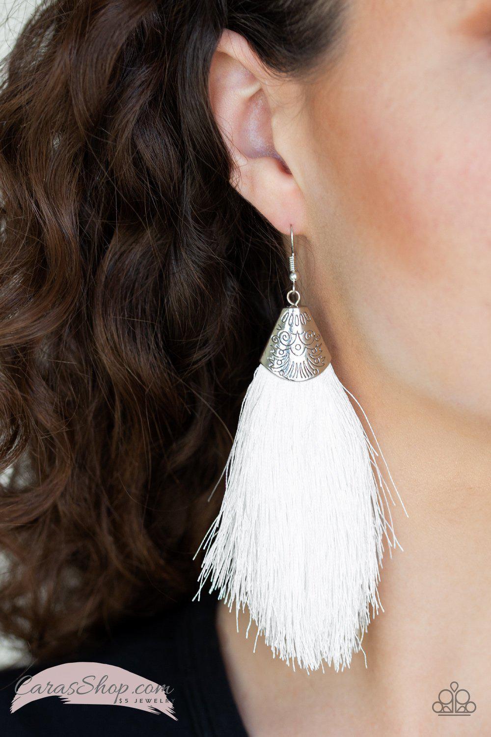 Tassel Temptress White Fringe Earrings - Paparazzi Accessories- lightbox - CarasShop.com - Paparazzi Jewelry by Cara Jewels