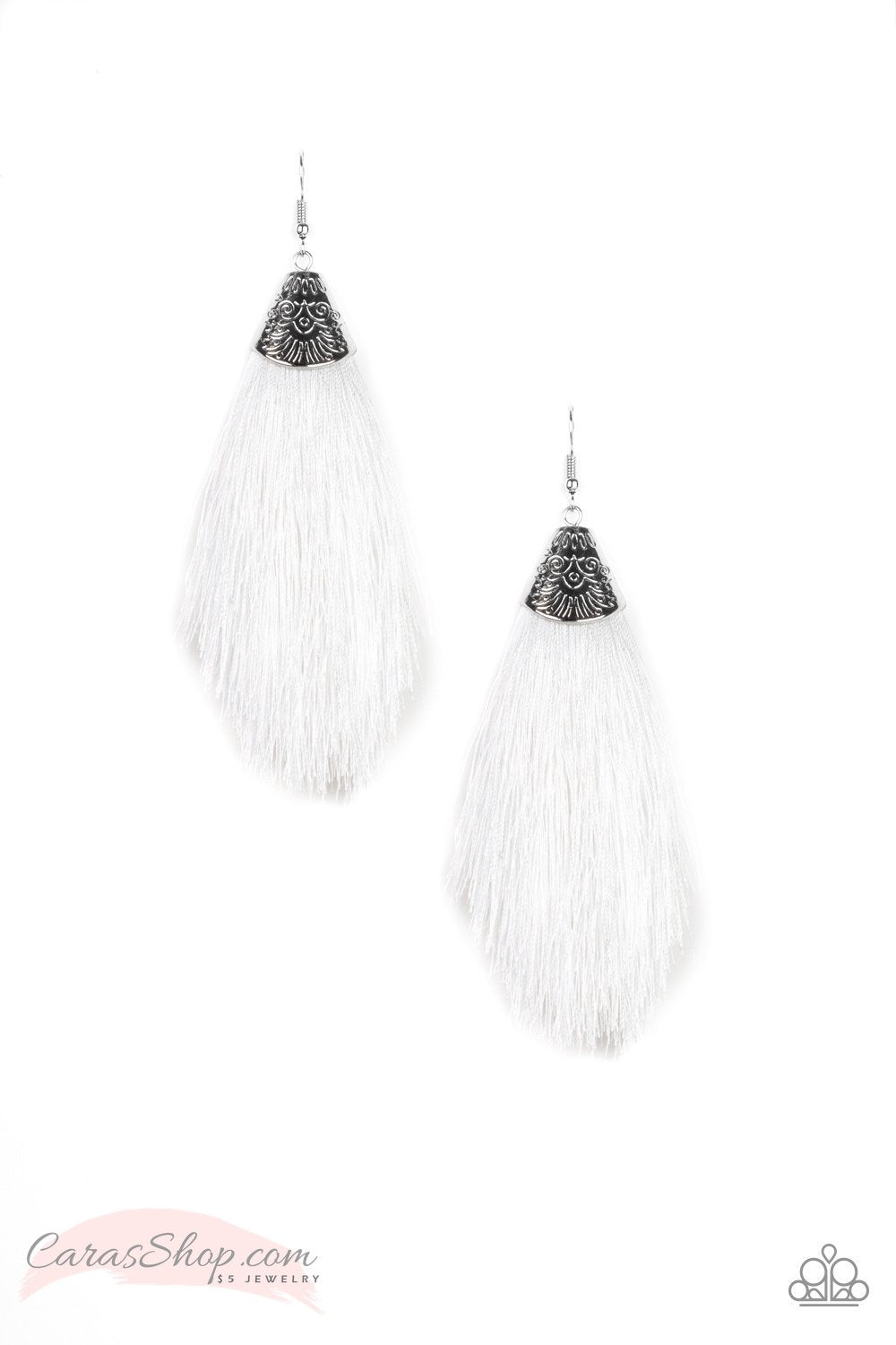 Tassel Temptress White Fringe Earrings - Paparazzi Accessories- on model - CarasShop.com - Paparazzi Jewelry by Cara Jewels