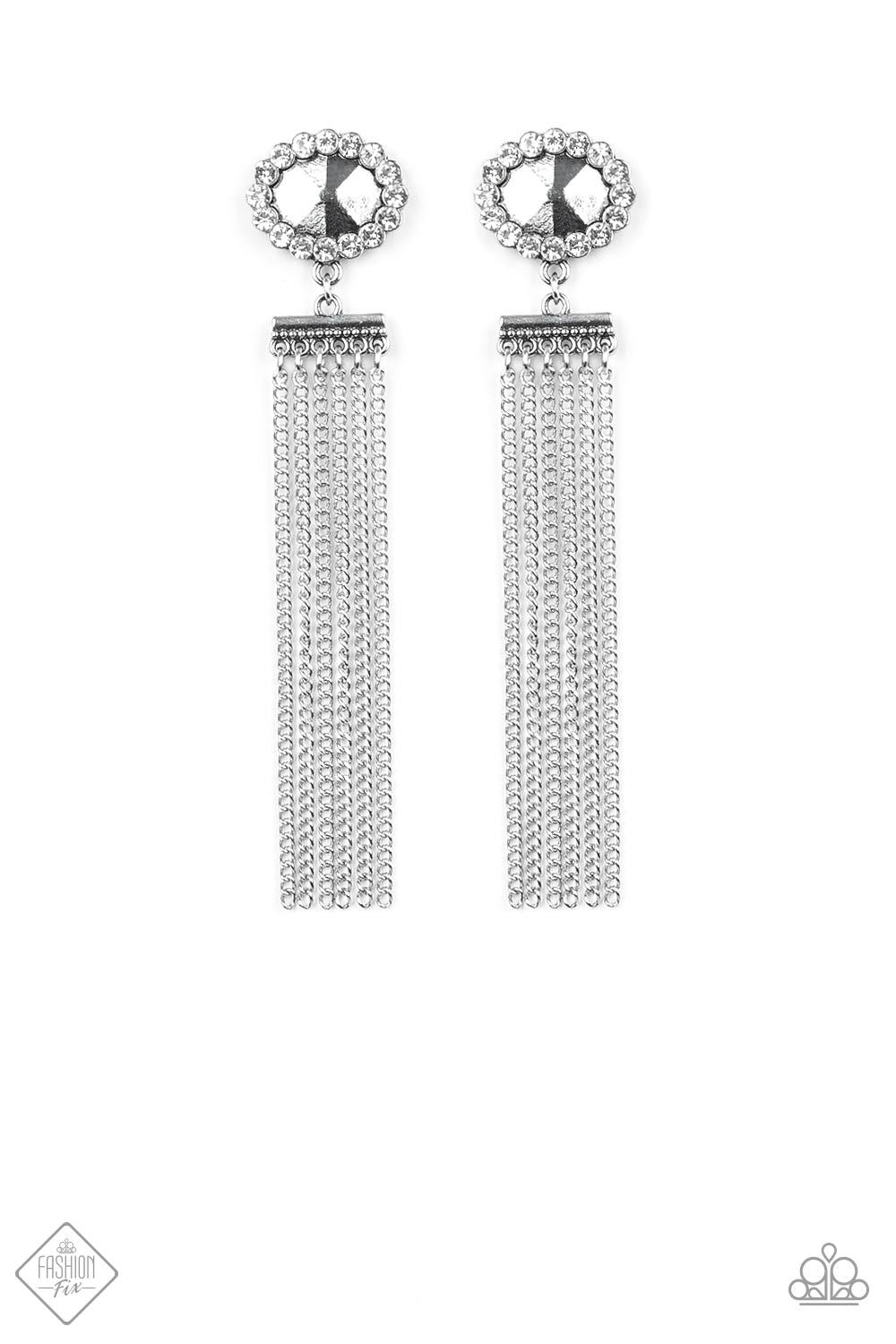 Tassel Throwback White Rhinestone and Silver Tassel Earrings - Paparazzi Accessories- lightbox - CarasShop.com - Paparazzi Jewelry by Cara Jewels
