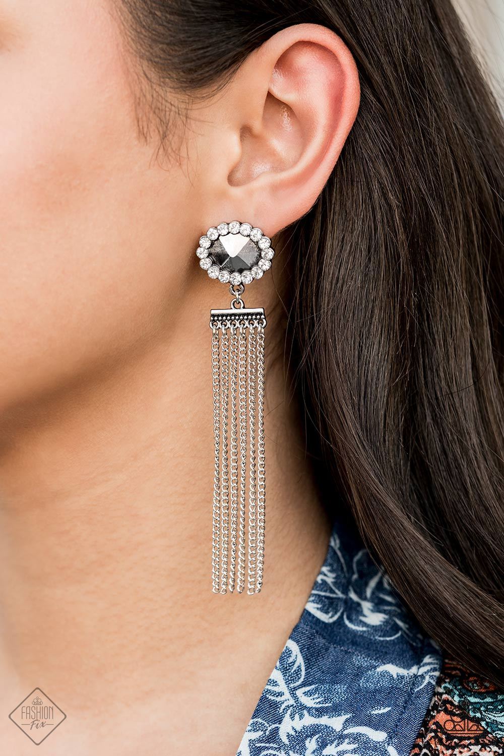 Tassel Throwback White Rhinestone and Silver Tassel Earrings - Paparazzi Accessories- on model - CarasShop.com - Paparazzi Jewelry by Cara Jewels