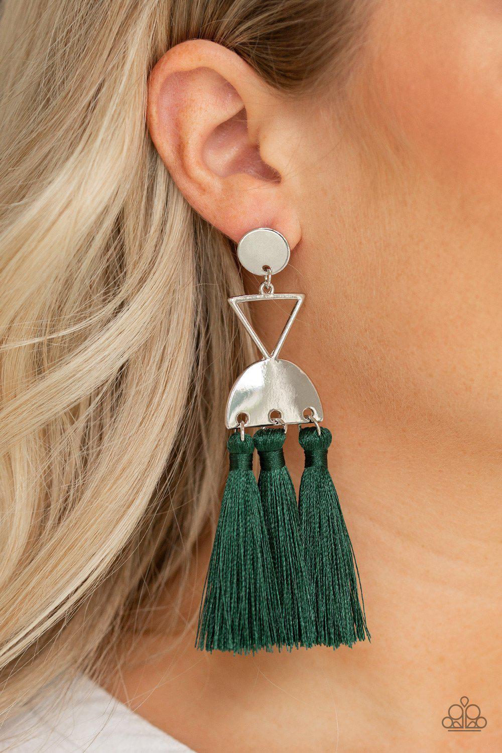 Tassel Trippin - Dark Green Tassel Post Earrings - Paparazzi Accessories- lightbox - CarasShop.com - Paparazzi Jewelry by Cara Jewels