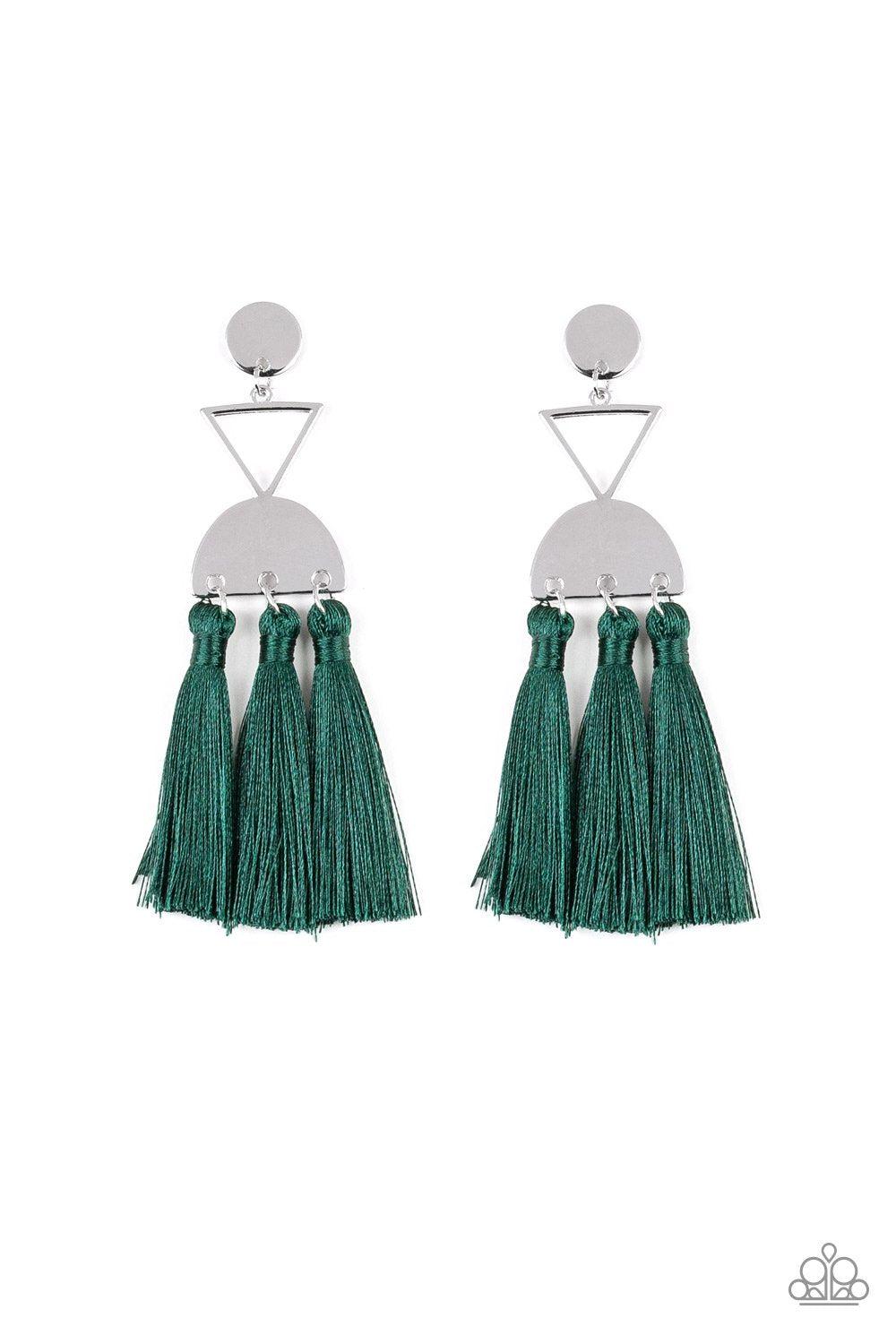 Tassel Trippin - Dark Green Tassel Post Earrings - Paparazzi Accessories- on model - CarasShop.com - Paparazzi Jewelry by Cara Jewels