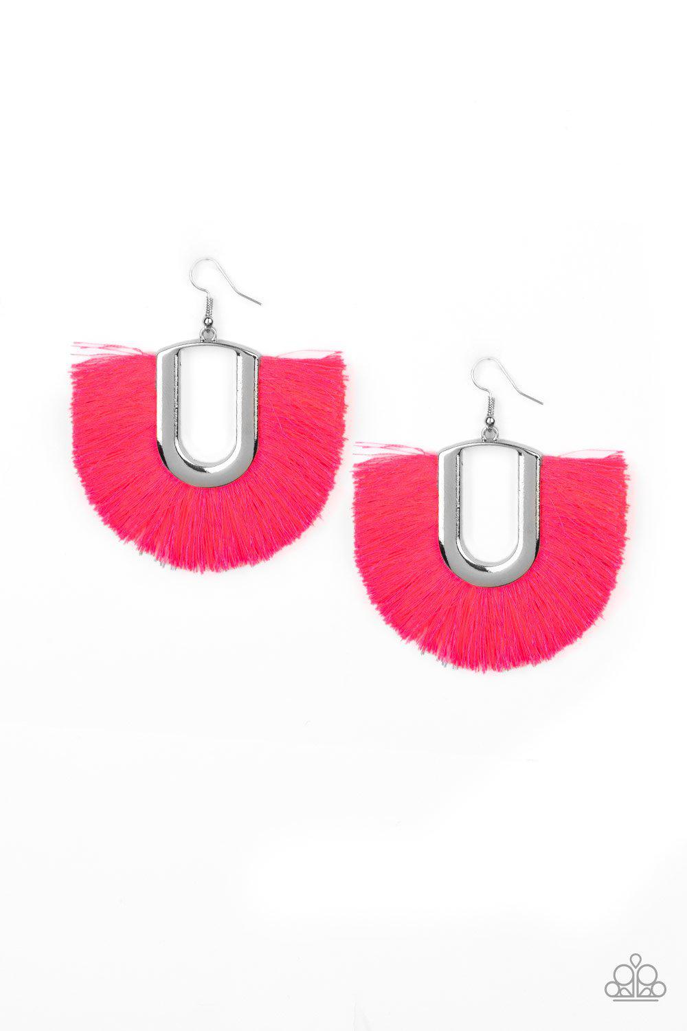 Tassel Tropicana Neon Pink Fringe Earrings - Paparazzi Accessories- on model - CarasShop.com - Paparazzi Jewelry by Cara Jewels