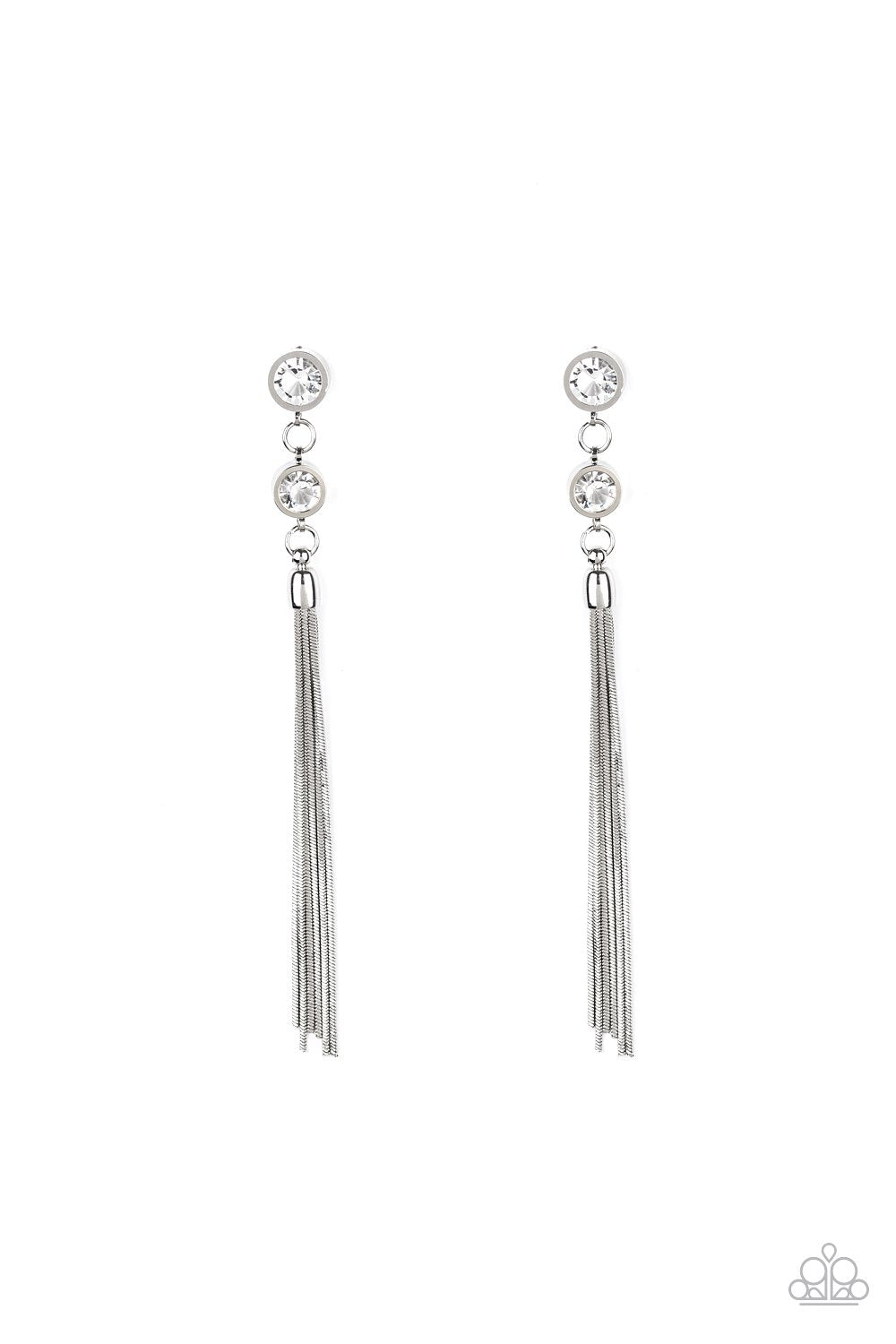 Tassel Twinkle White Rhinestone Chain Earrings - Paparazzi Accessories- lightbox - CarasShop.com - Paparazzi Jewelry by Cara Jewels