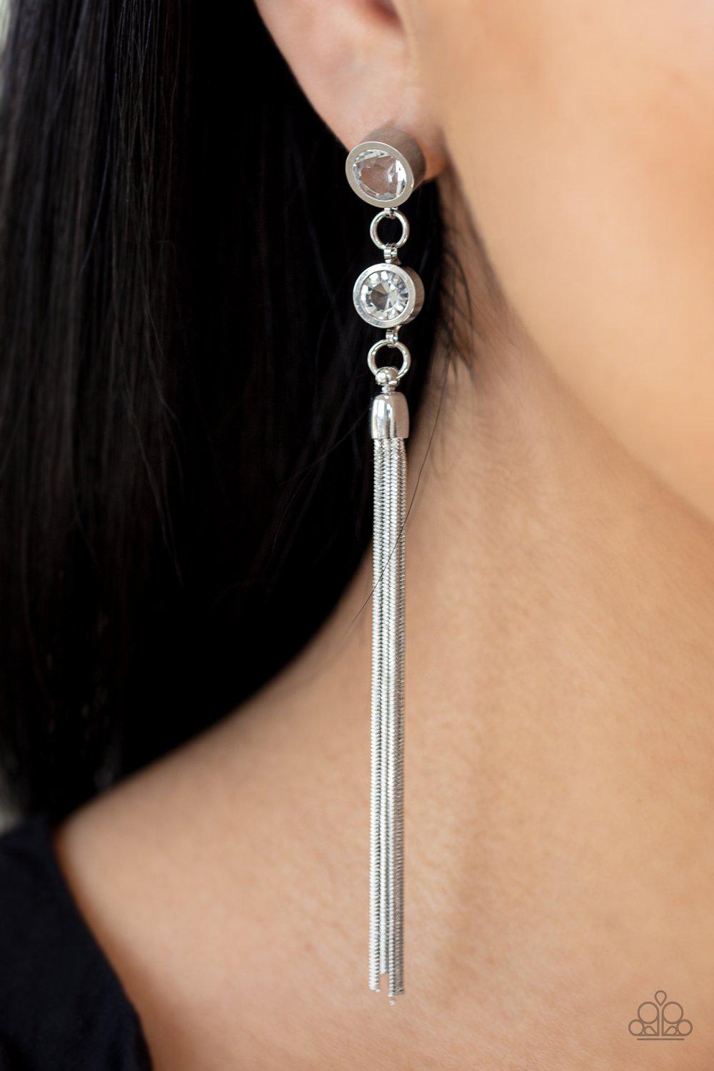 Tassel Twinkle White Rhinestone Chain Earrings - Paparazzi Accessories- lightbox - CarasShop.com - Paparazzi Jewelry by Cara Jewels
