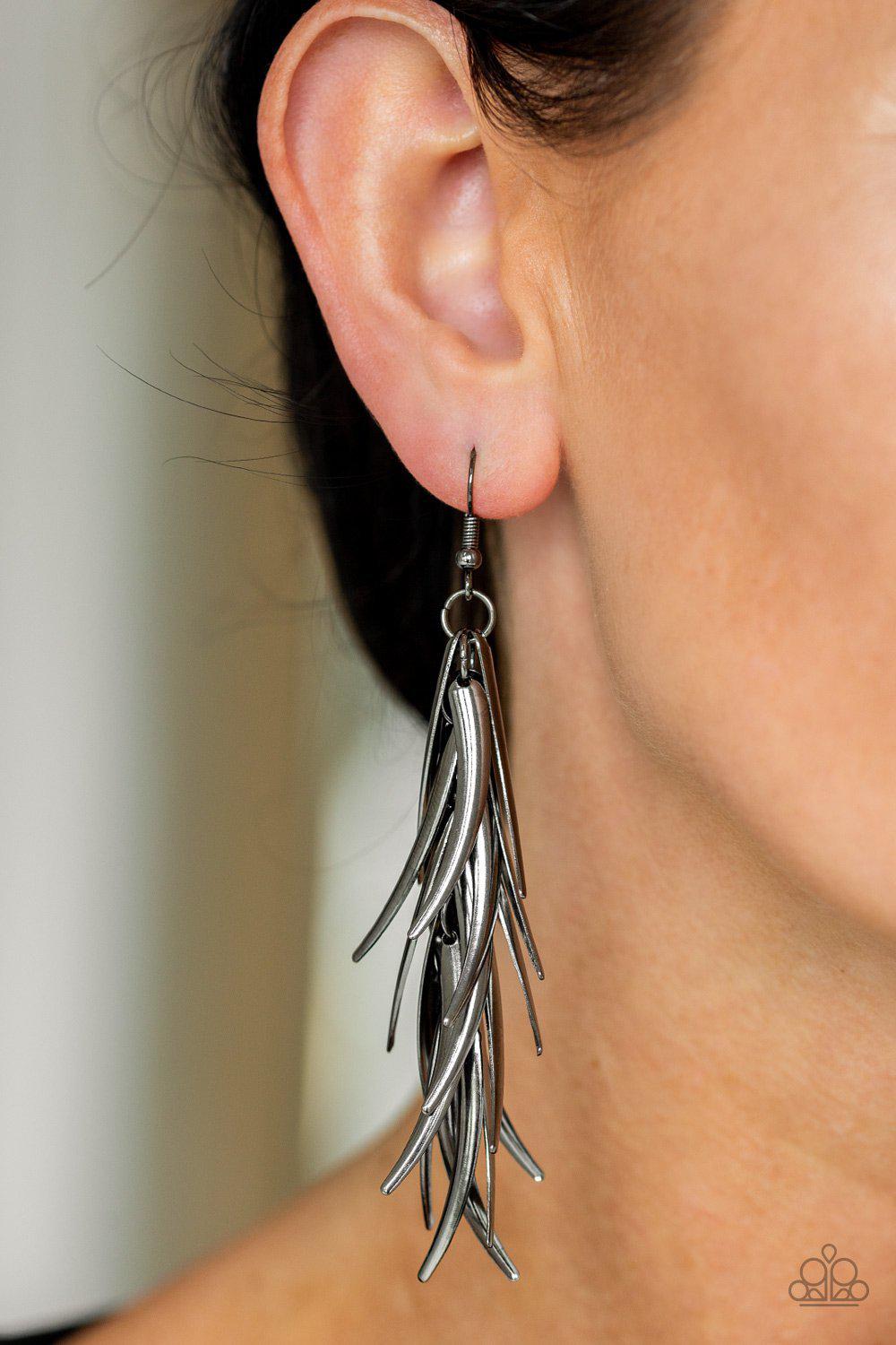 Tasseled Talons Black Gunmetal Earrings - Paparazzi Accessories- on model - CarasShop.com - Paparazzi Jewelry by Cara Jewels