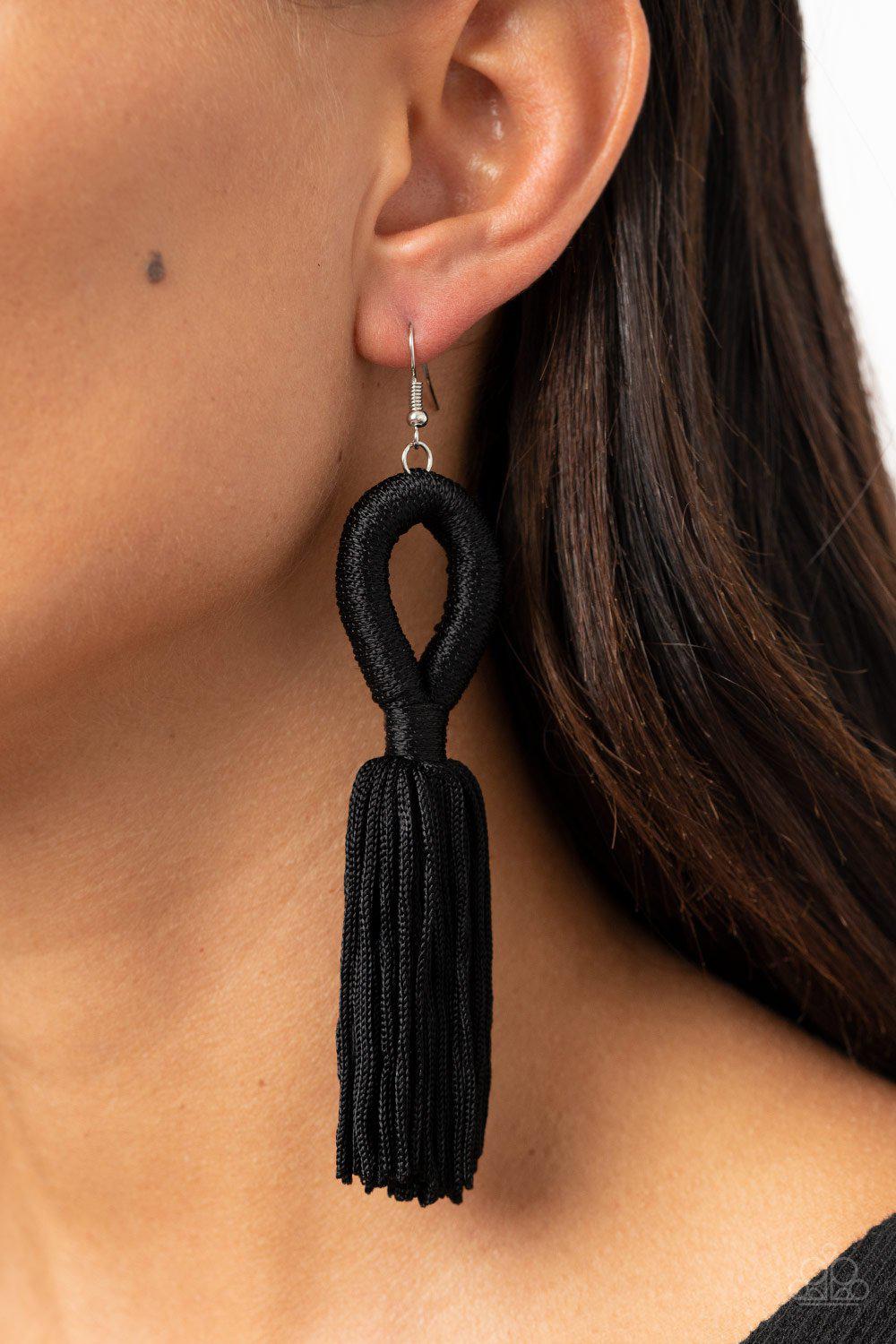 Tassels and Tiaras Black Tassel Earrings - Paparazzi Accessories- lightbox - CarasShop.com - Paparazzi Jewelry by Cara Jewels