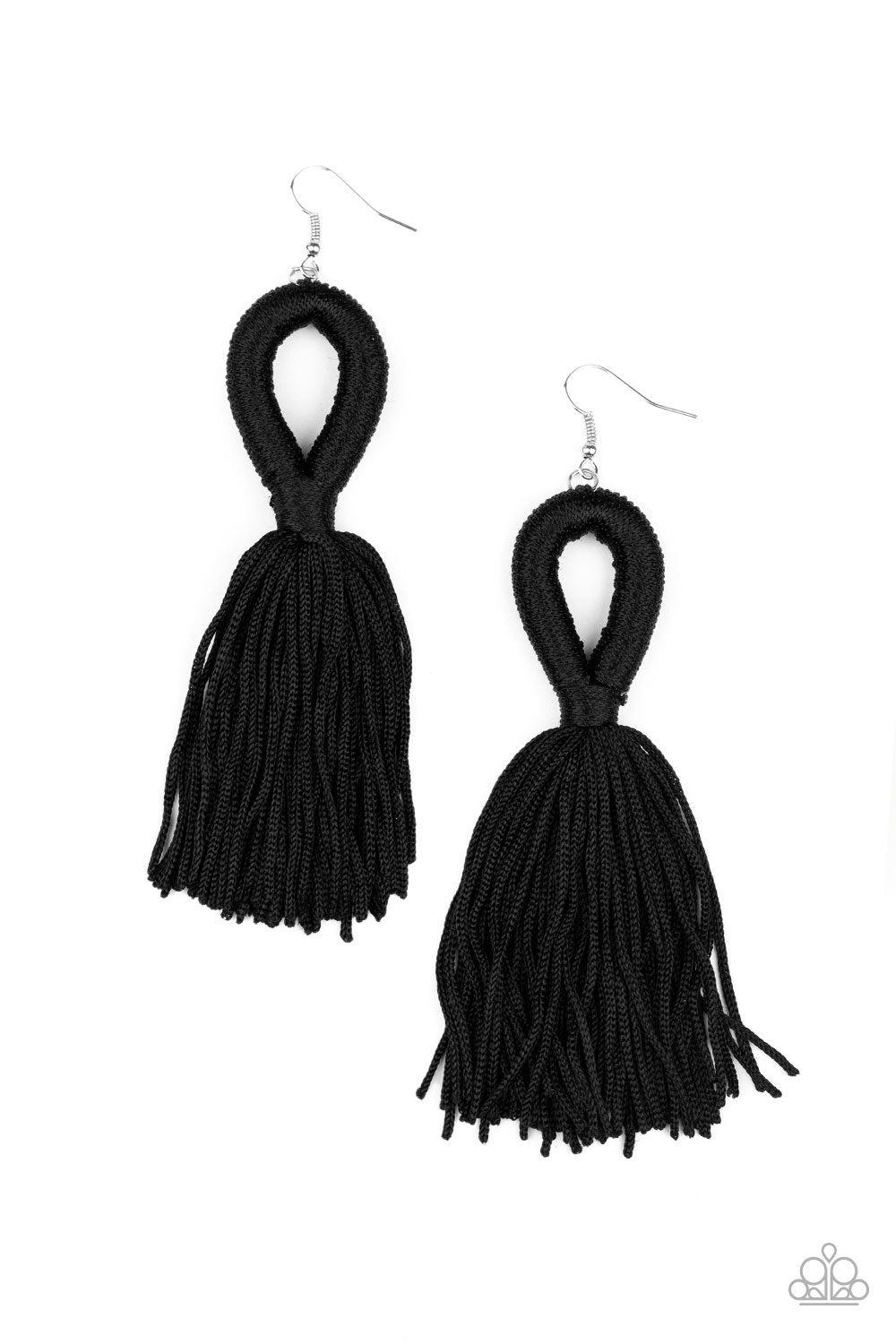 Tassels and Tiaras Black Tassel Earrings - Paparazzi Accessories- on model - CarasShop.com - Paparazzi Jewelry by Cara Jewels