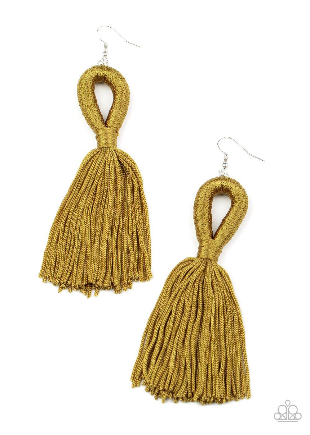 Tassels and Tiaras Green Tassel Earrings - Paparazzi Accessories- on model - CarasShop.com - Paparazzi Jewelry by Cara Jewels