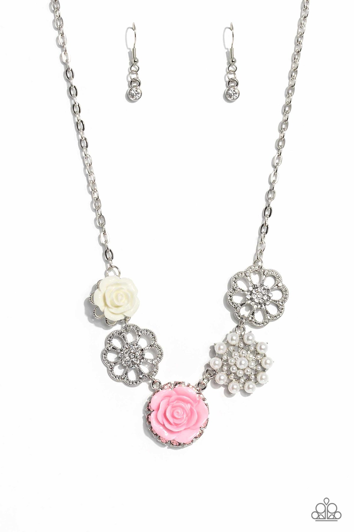 Tea Party Favors Pink Floral Necklace - Paparazzi Accessories- lightbox - CarasShop.com - Paparazzi Jewelry by Cara Jewels